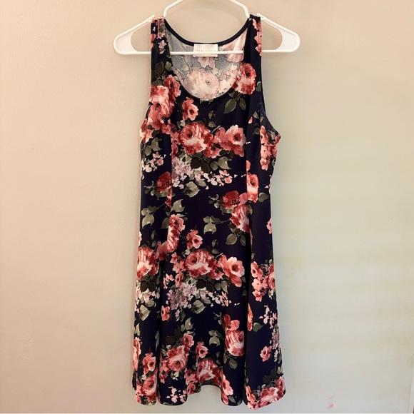 French Grey Navy Floral Sleeveless Dress – Size L 🌸🌿 (Made in USA) - Picture 1 of 7